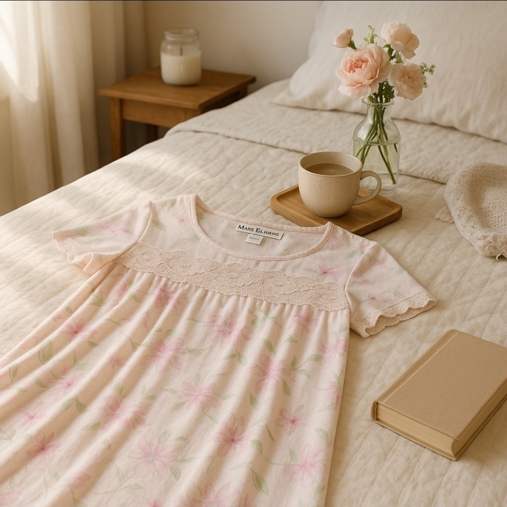 Miss Elaine Lace Yoke Floral Nightgown L | Vintage Style Pastel Silkyknit